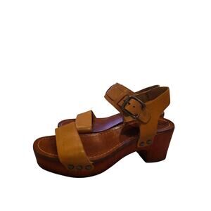 Lucky Brand Leather Wood Clog Heel Sandals Brown Ankle Strap Women's 5.5M